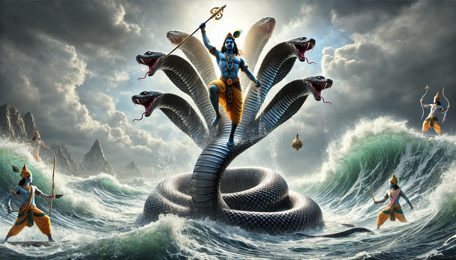 Sfeerbeeld: Krishna op de kop van de slang Kaliya