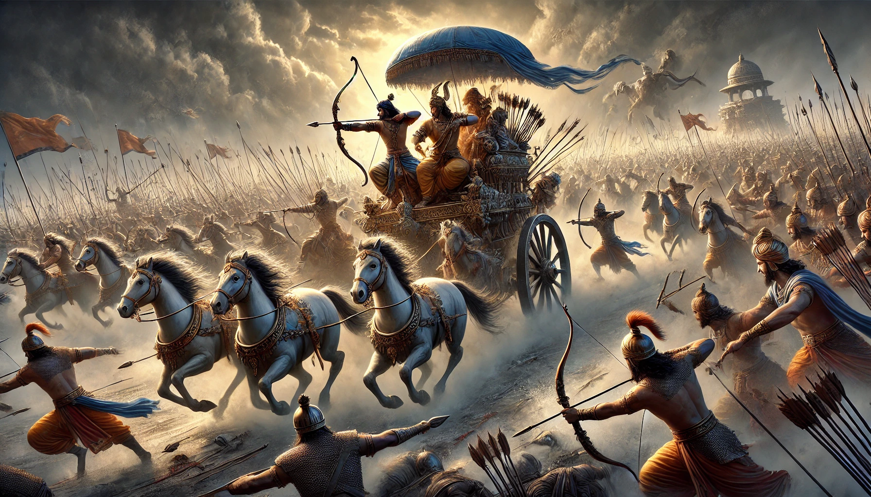 Sfeerbeeld: Krishna en Arjuna op de strijdwagen tijdens Mahabharata