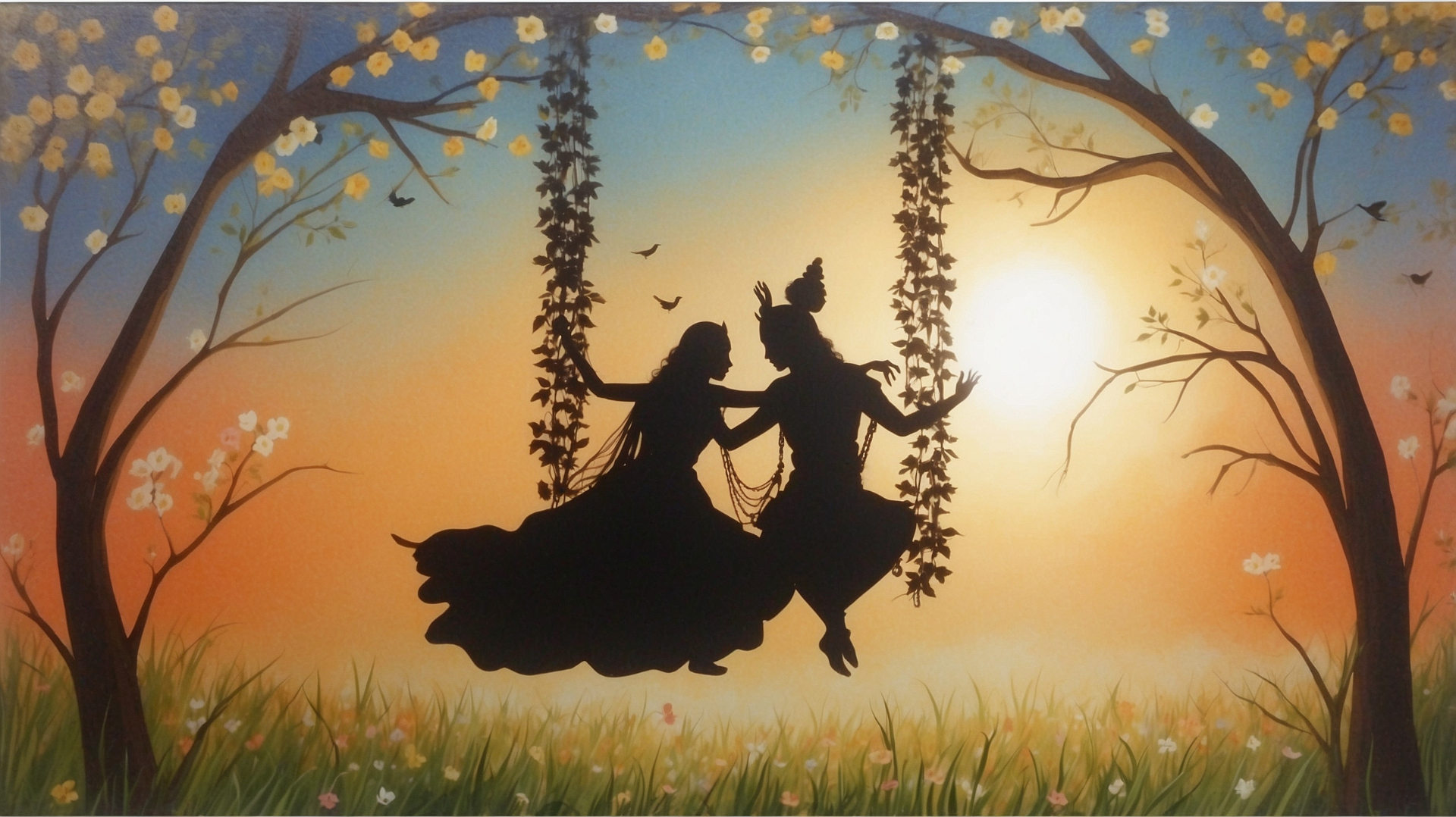 Sfeerbeeld: silhouet van Radha en Krishna op een schommel bij zonsondergang