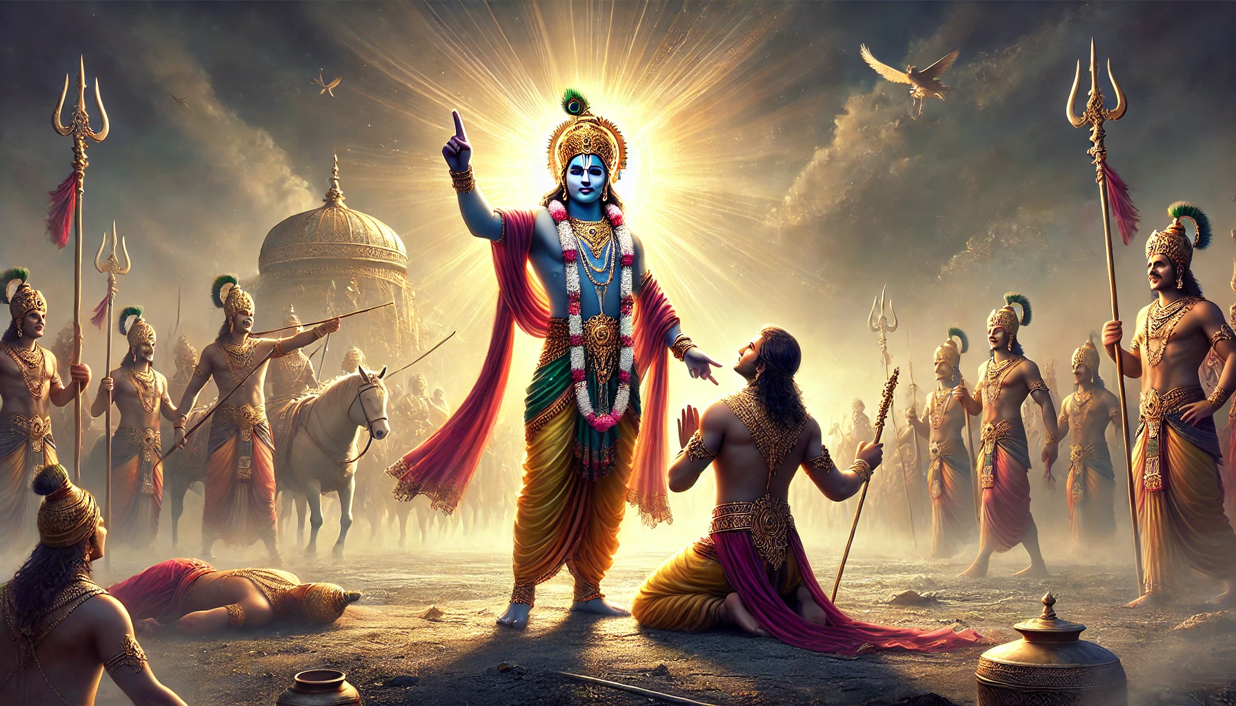 Sfeerbeeld: Krishna en Arjuna na de overwinning