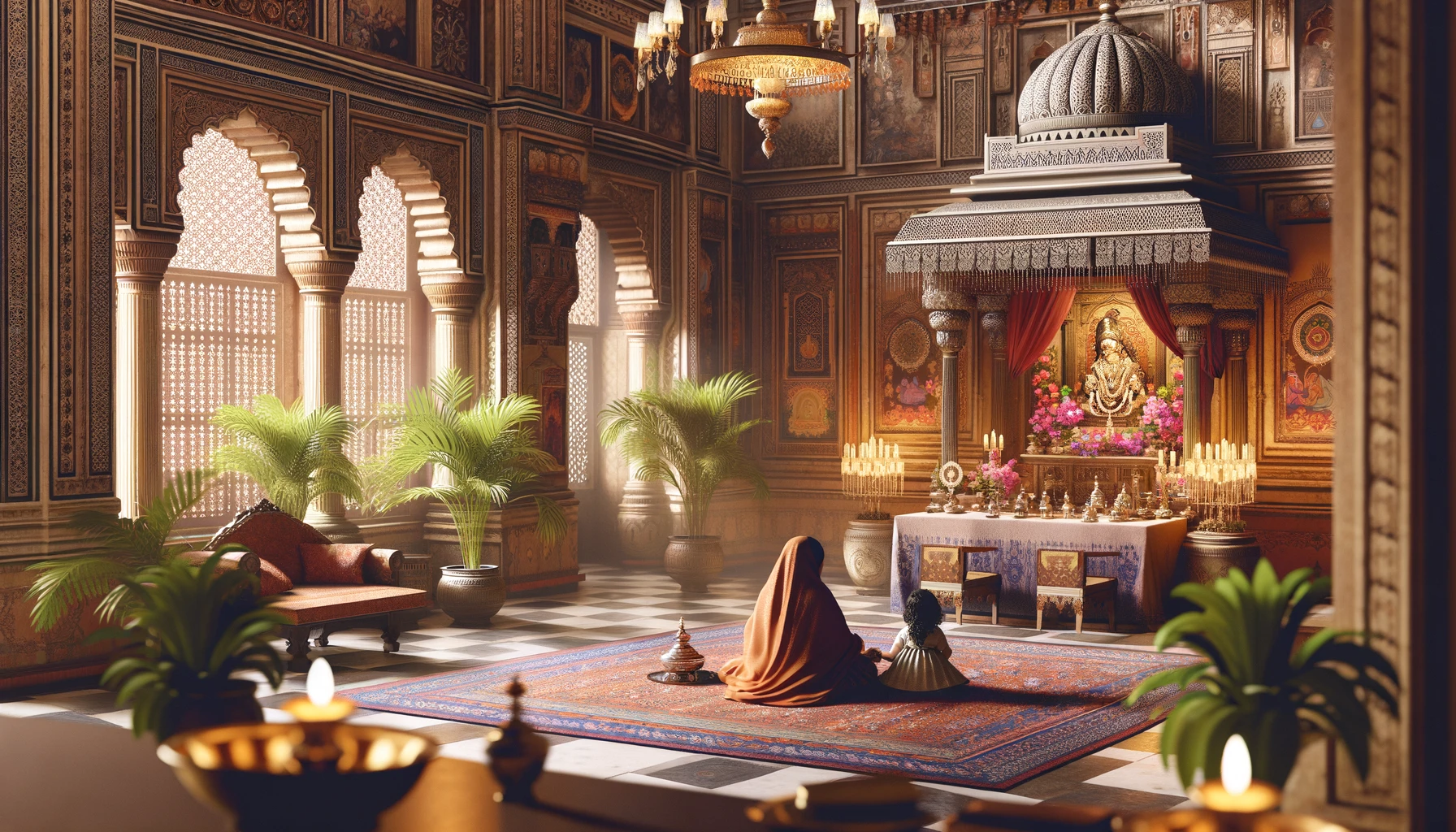 Sfeerbeeld: paleis-interieur met warme belichting