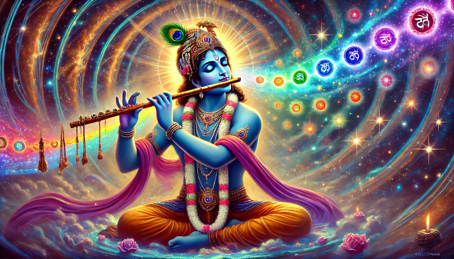 Sfeerbeeld: Krishna speelt fluit temidden van de chakra's